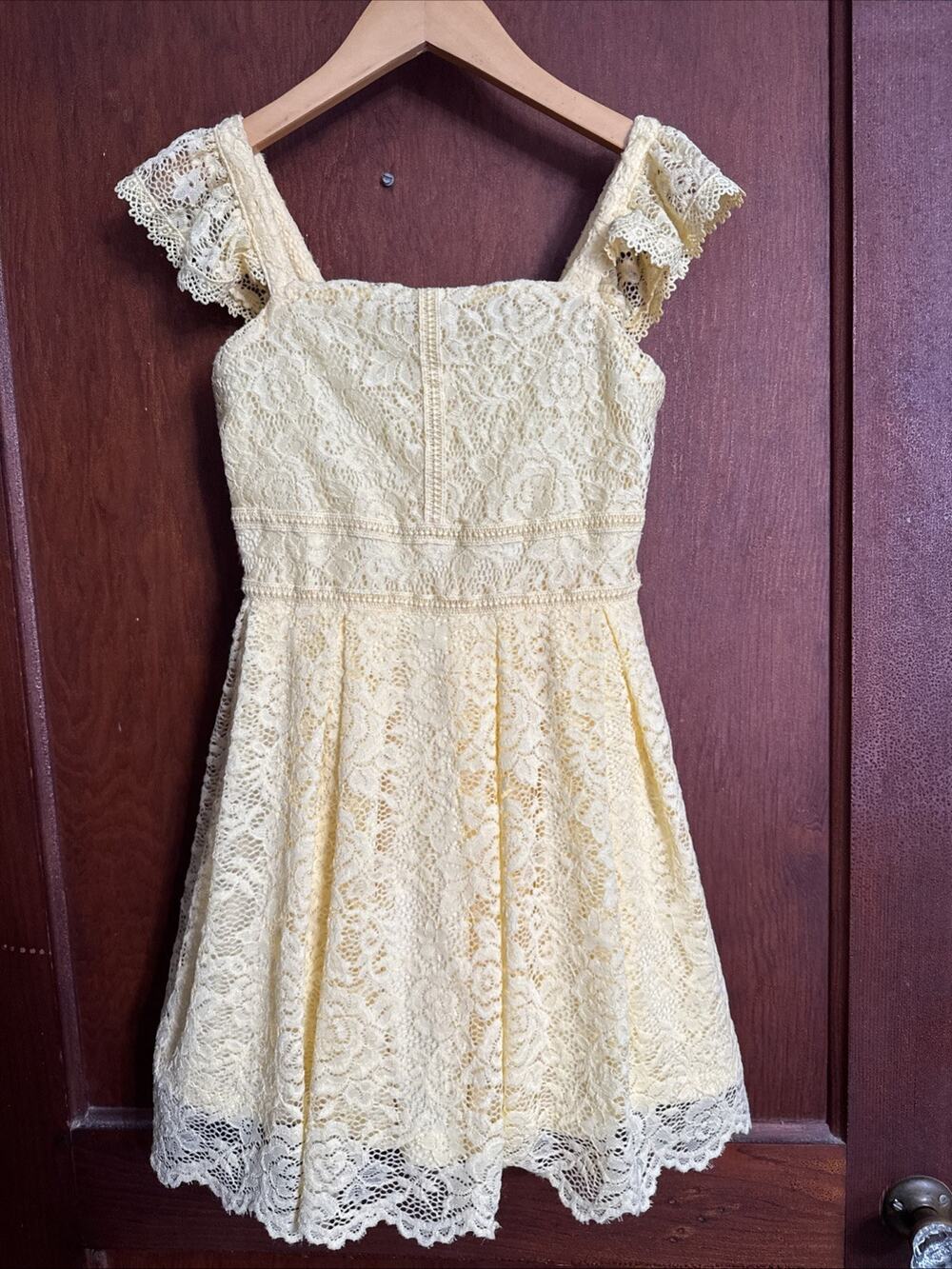 Knit Works Girls Size 7 Yellow Lace Dress Ruffle Sleeve Fit Flare Easter Party